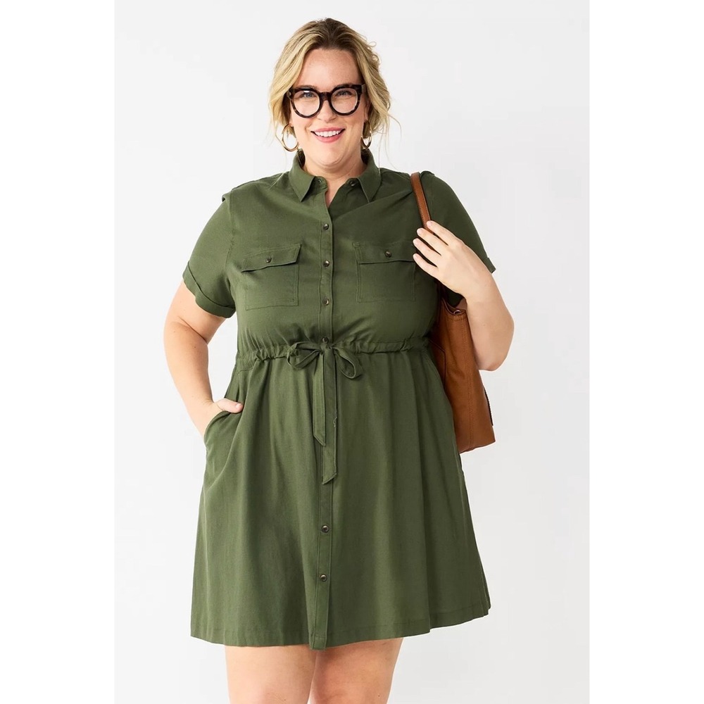 Croft & Barrow Plus Size 4X Infantry Olive Utility Shirt Dress WC23Y001PS3 NWT